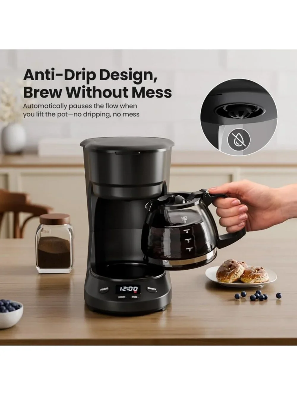 5-Cup Drip Coffee Maker with LED Display, Timer, Anti-Drip & Auto Shut-Off